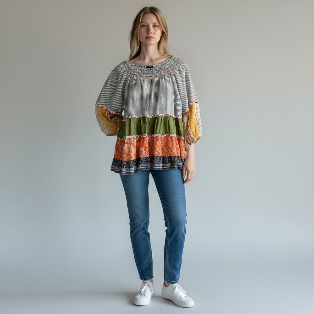 John Mark Womens Large Patchwork Tiered Blouse‎ Multicolor Smocked Boho Top L